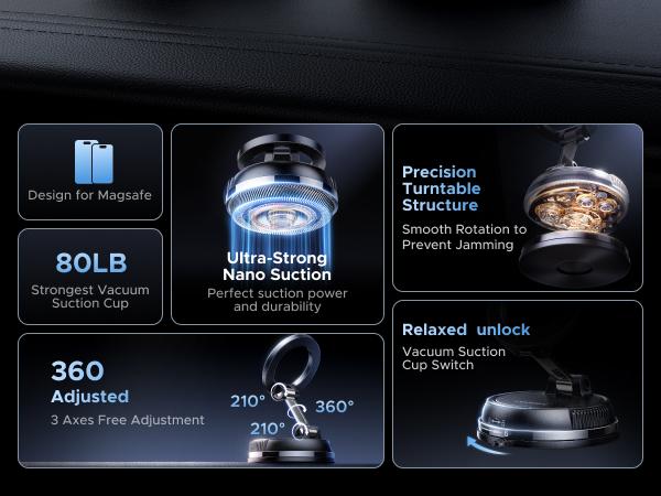 UGREEN Vacuum Magnetic Car Phone Holder,Car Phone Mount, 360° Adjustable for MagSafe Car Holder Foldable Suction Phone Mount for Car, for Garmin GPS/Mirror/Smooth Surface, for iPhone 17 16 Pro Max 15, and Android, TikTokShopHolidayHaul