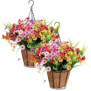 2Pcs Artificial Fake Hanging Plants Flowers with Basket Outdoor Decor Faux Silk Dasiy Flower Arrangements in Pot Planter for Porch Home Indoor Patio Garden Yard Decoration