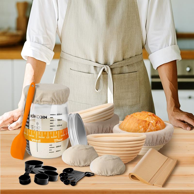 [Hot Picks]Super Combo Kikcoin 25Pcs Sourdough Starter Kit,Food Storage Container Jar,Bread Banneton,Proofing Basket,Spatula,Measuring Spoons,Springtok Bakeware
