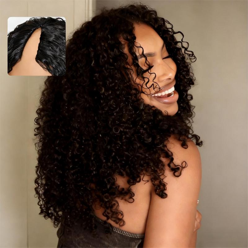 【Updated with Drawstring】Mamushow V Part Wigs With Invisible Strap Drawstring 100% Human Virgin Hair Body Wave Glueless Wig 180% Density Curly Wigs Natural Black