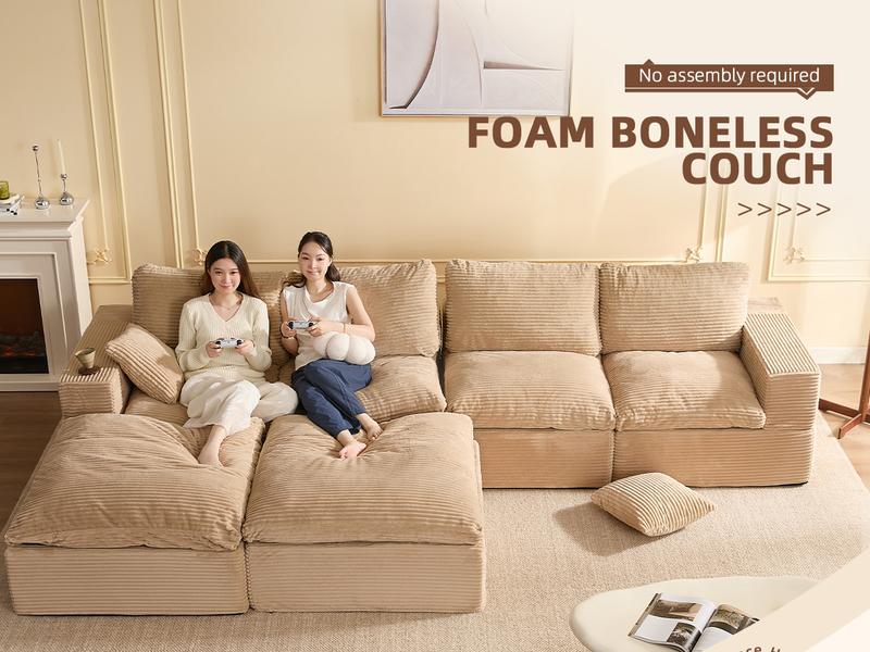 【3 Packages Shipping】137” 4-Seater U shaped Sofa With Extra Cushions Added,Boneless Sectional Couches for Living Room,Cozy Comfy Sofabed,Cloud Couch, Modular Sectional Sofa, Convertible Sofas Bed, Deep Seat Sofa, Cozy Sofa Furniture Set, Corduroy
