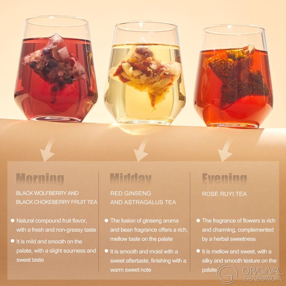 Young Tea Set 60g (6gx10pcs) Morning Afternoon Night:With Red Dates, Mulberry, Poria,,Coix Seed, Pear, Black Wolfberry Jasmine,Ophiopogon Japonicus Pear Red Ginseng Astragalus,Longan Double-petal red rose; Black wolfberry