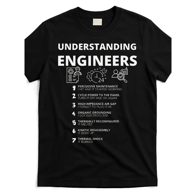 Men'S Funny Engineering Humor T-Shirt - Sarcastic "Understanding Engineers" Graphic with 7 Stages of Engineering Life Design, Comfortable Casual Short Sleeve Round Neck Tee for Engineers, Tech Gifts & Casual Attire (Black with Print) Crewneck Comfy