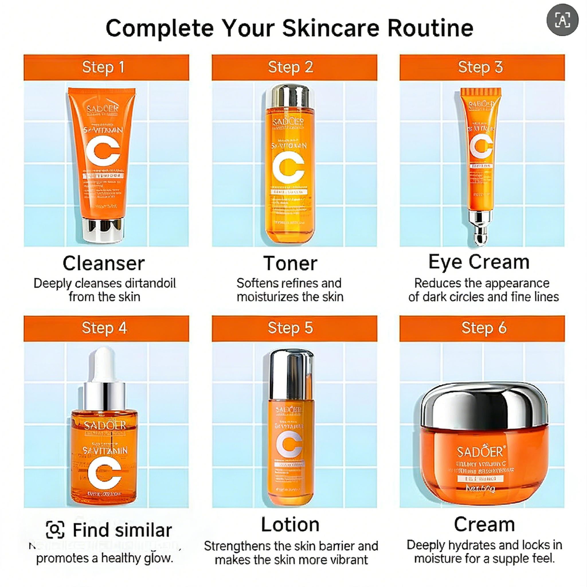 5X Vitamin C Facial Care Set 6-Piece Pack with Cleanser Toner Face Serum Cream & Eye Cream Gentle Skin Cleaning Care Travel Size Kit  for Moisturizing, Brightening, Anti-wrinkle, Radiant Glow - Daily Skincare, Best Gift Daily