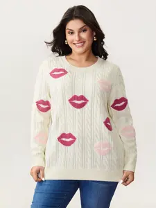 Women's Playful Plus Size Pullover, 2026 Summer Vibes, Rosy Lips Embroidery, Braided Texture, Long Sleeve Tops, Curvy Women's Clothes [M-6X] Swimweek