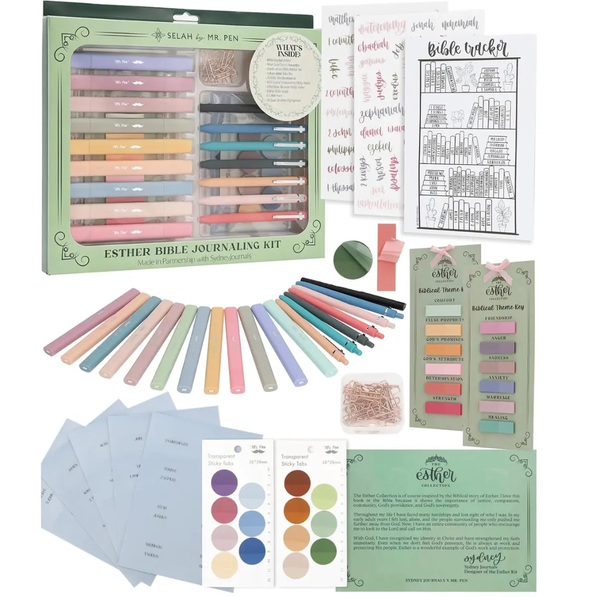 Mr. Pen Esther Loaded Bible Journaling Kit – 12 Dual-Tip Highlighters, 6 Cross Gel Pens, Vellum Bible Tabs, Sticky Notes, Sticker Sheets, Fineliner, Paperclips & Bible Study Guide – Bible Study Gift Set