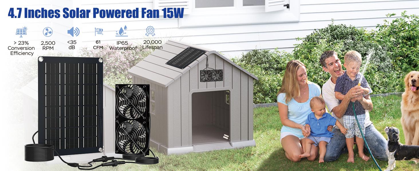 MARBERO 4.7 Inch Solar Powered Fan Kit 15W Solar Panel with 2 Waterproof Fans Intake or Exhaust Air Fan wtih 13 Ft Cable for Outside Backyard Chicken Coops/Greenhouses/Dog Houses/Pet Houses