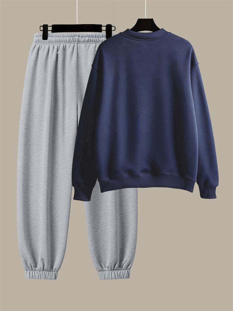 Men's Cotton Solid Color Casual Tracksuit Set Loose Fit Crew Neck Sweatshirt with Matching Jogger Pants for Fall Winter Comfortable Menswear Outfit for Outdoor Activities Sporty Commute Fitness and Relaxed Everyday Wear