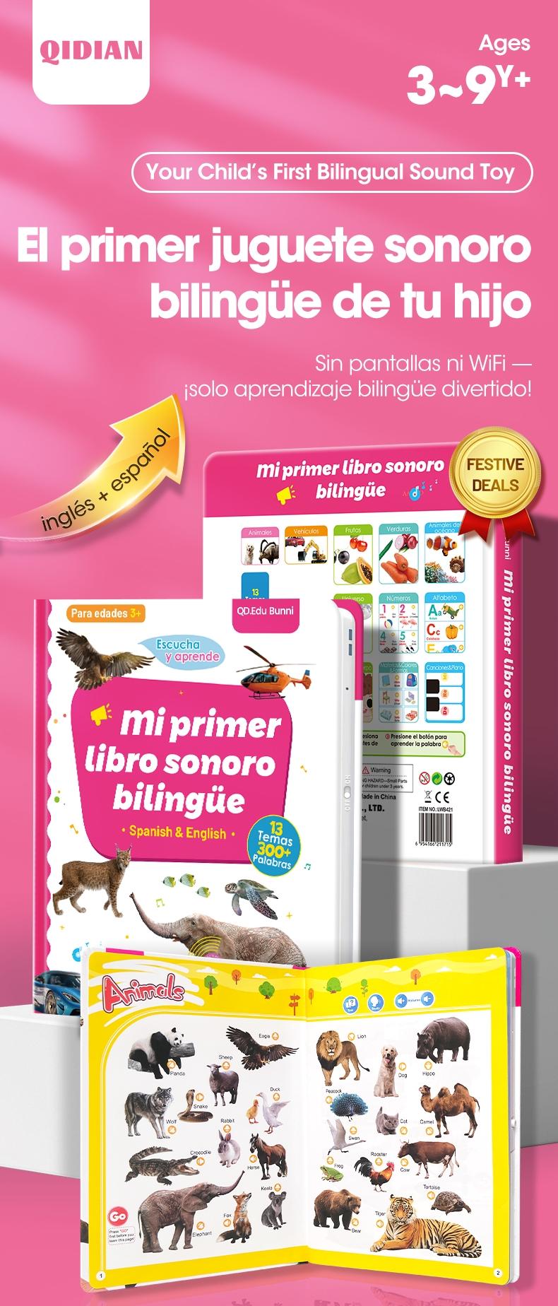 Spanish Interactive Educational Toy for Kids 1–6, Bilingual Sound Book for Early Language Learning, Interactive Educational Toy with 300+ Words & 13 Themes, Perfect Gift Idea for Toddlers