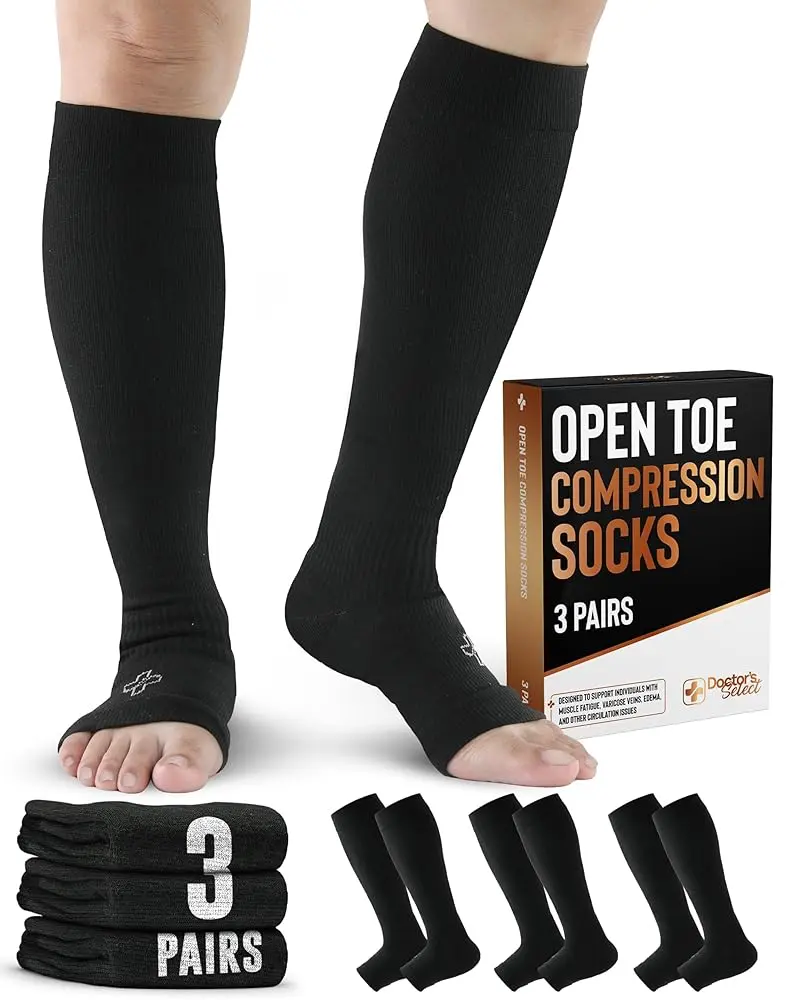 Doctor's Select Unisex Adult Copper-Infused Toeless Knee-High Compression Socks (20-30 mmHg, Black, 3 Pairs) - Stretchable, Edema & Varicose Vein Support, Odor Control, Blood Circulation Socks, Adults
