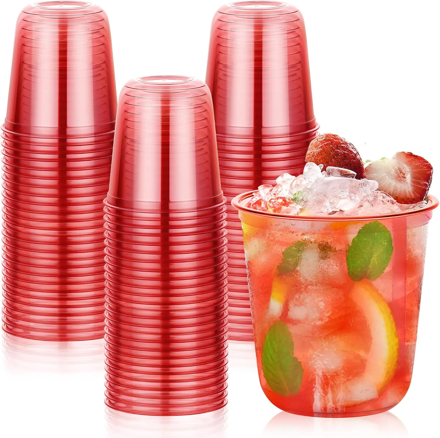 KesaPlan 50Pcs 12oz Red Plastic Party Cups, Disposable Wine Cocktail Cups Cute Clear Stemless Glass, Round Bottom PET Cold Drink Cups for Christmas Valentine's Mother's Day Birthday Wedding Party