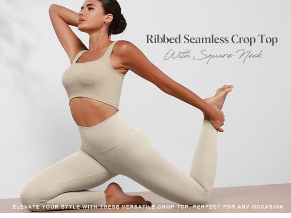 ODODOS 3-Pack Seamless Square Neck Crop Tank for Women Ribbed Knit Soft Low Back Cropped Tops