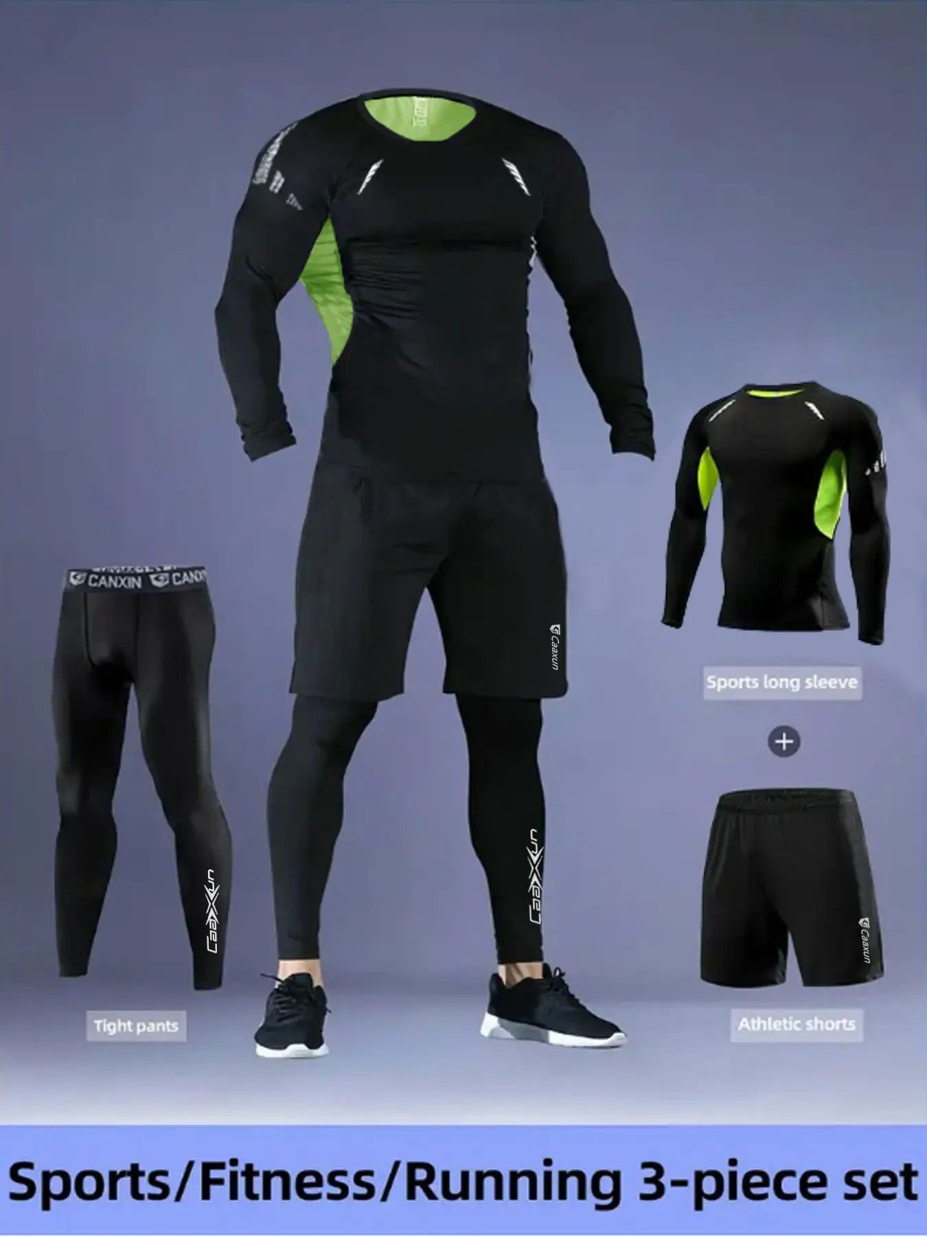 Men's 3-Piece Sports Set, Breathable Mesh Long Sleeve Top, Quick-Dry Tight Pants & Reflective Shorts, High Elasticity Running Gear, Activewear Running Outfits, Workout Sets, Athletic Sets, Athletic Apparel