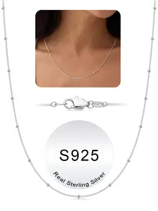 S925 Sterling Silver Satellite Chain Necklace for Women 20 Inch– 14K Gold Plated Layering Choker, Hypoallergenic Jewelry