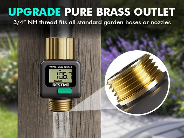 The RESTMO water flow meter measures water consumption (gallons/liter) and flow rate for RV water tank monitoring, lawn sprinklers, and nozzle sprinklers. It features brass inlet and outlet and measures water usage for outdoor garden hose watering.