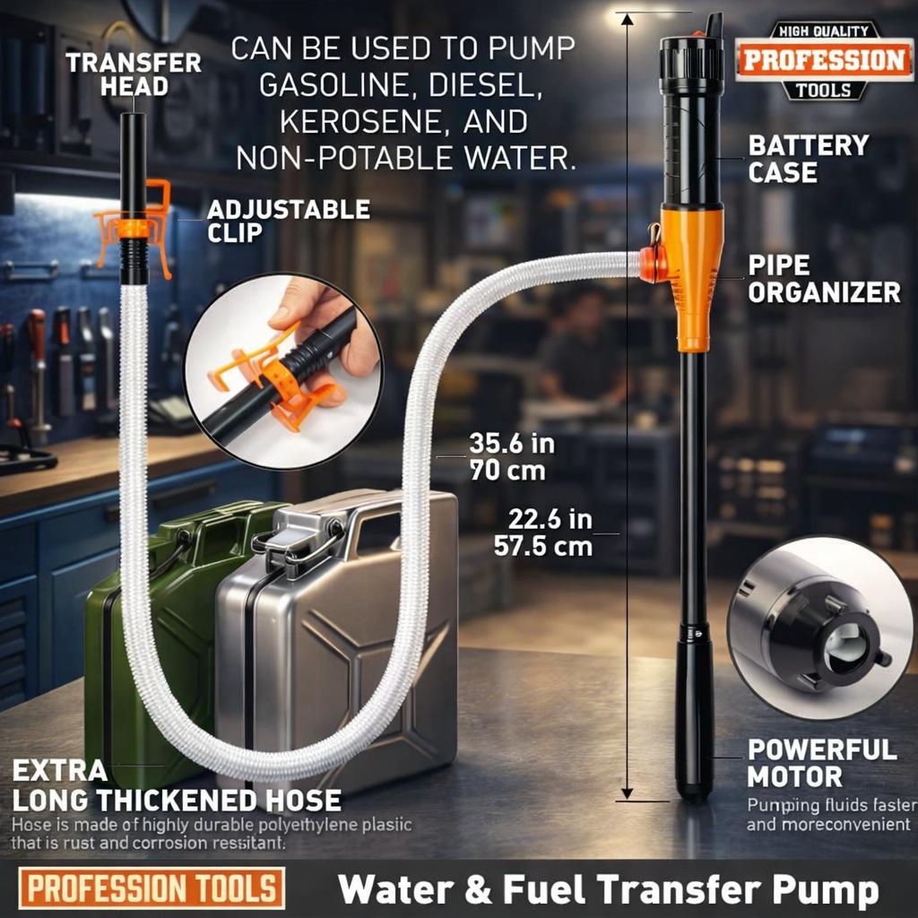 Portable Battery Operated Liquid Transfer Pump, 2.6 GPM Electric Fluid Pump with Flexible Hose & Adjustable Nozzle for Water, Oil, Car Fluid & Household Transfer