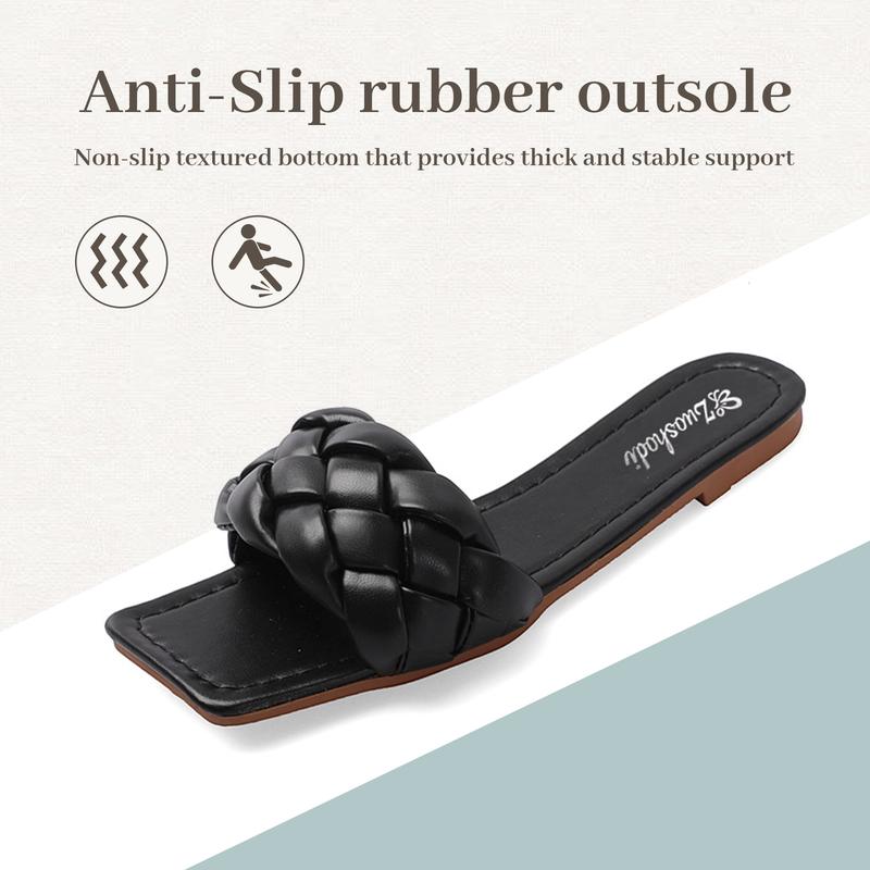 Breathable Fashion Square Toe Slide Sandals Women Woven Open Toe Flat Sandals Non-Slip Lightweight Casual Summer Footwear