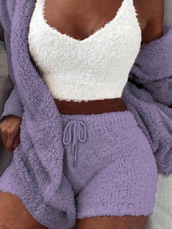Women's Solid Color Plush Three-piece Pyjama Set, Fluffy Pajamas, Casual Comfy V Neck Cami Top & Hooded Coat & Tie Front Shorts Loungewear Set, Pajama Sets Women, Women's Sleepwear for Winter, Fluffy Pajamas, Cute Pajama Sets, Sleep Sets, Womenswear, Pjs