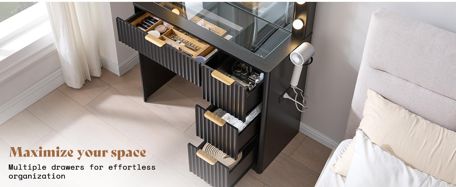 VanAcc 36.2/47.2" Fluted Vanity Desk with Mirror and Adjustable LED Lights, Large 4/7 Drawers Makeup Table with Glass Top and Charging Station for Women and Girls, Bedroom or Dorm