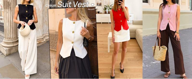 ZESICA Womens Summer Sleeveless Suit Vest 2026 Boat Neck Button Down Formal Vest Tops Casual Trendy Work Blazer Waistcoat