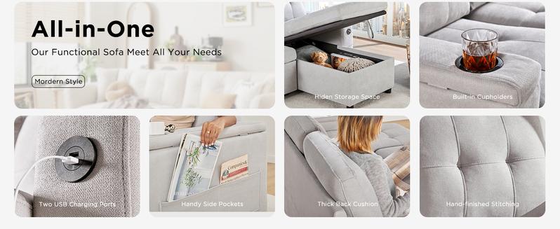 [Ships in 2 Boxes] AMERLIFE Sleeper Sofa, Modern Tufted Convertible Sofa Bed, USB Charging Ports & Cup Holders, Couch with Storage Chaise/Christmas Gift/Best Gift Ideas