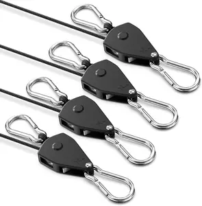 VIPARSPECTRA Retractable Heavy Duty Ratchet Tie down Straps [4 Pack, 8Ft, 75Lbs/Pack], Rope Pulley System Rollers with Carabiner Hook for Kayak/Hanging Plants/Grow Light/Tents Various Tie-Down Uses