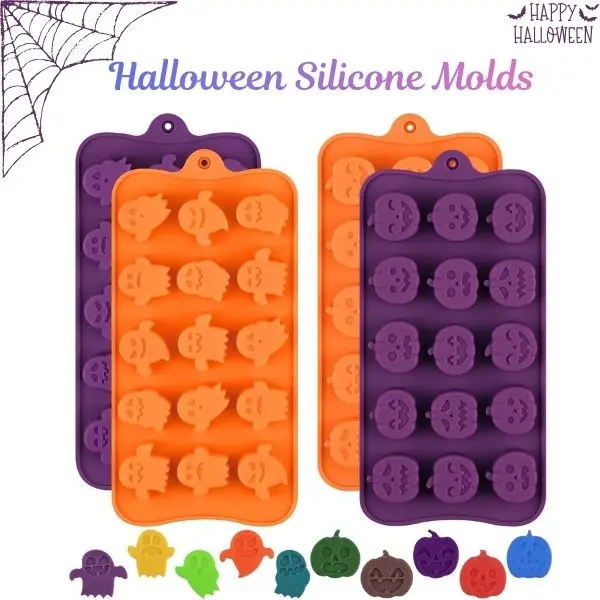 4-Pack Spooky Halloween Silicone Baking Molds - Chocolate Candy, Pumpkin & Ghost Shapes for Jelly, Wax Melts, Ice Cubes, Cake Decorating DIY Party Supplies (Kitchenware Bakeware Baking Tins & Molds)