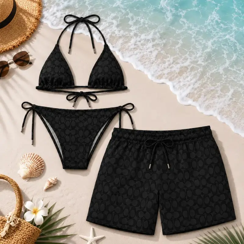 Letter C Black Style Couples Swimwear Set 2026, Women’s 2-Piece Bathing Suit & Men’s Swim Trunks, Matching Beach Vacation Outfit, Trendy Summer Gift for Couples