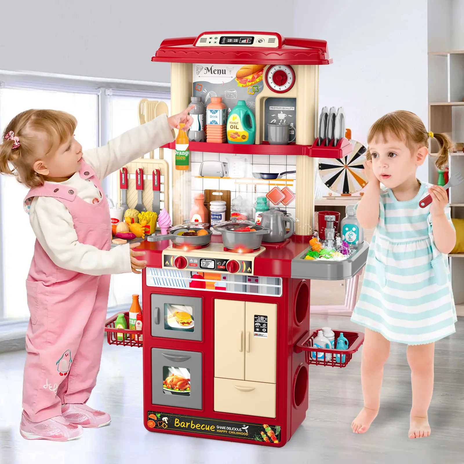 Plastic Unisex Kids Pretend Play Kitchen Set - Functional Spray Water Sink Toy, Built-In Vivid Lights, Authentic Cooking Sound Effects, Complete Household Role Play Playset for Ages 3+ Educational Simulation & Stress Relief Toy
