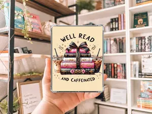 Well Read and Caffeinated Kindle Insert with Sparkly Overlay, Cozy Bookish Coffee Clear Kindle Case Insert