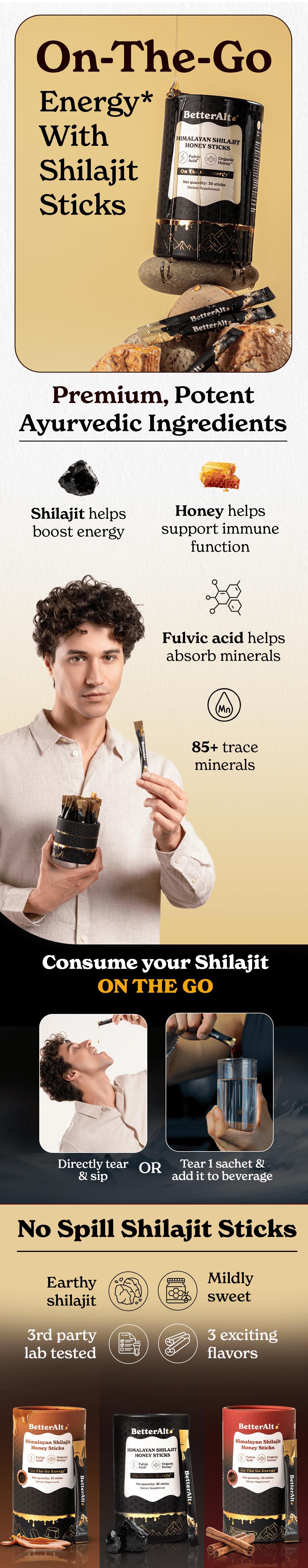 BetterAlt GOLD+ Shilajit Honey Sticks | Lab-Tested for Purity | Shilajit, Honey & Saffron | 85 Minerals & 75% Fulvic Acid for Energy & Stamina | 30N BetterAlt GOLD+ Shilajit Honey Sticks | Lab-Tested for Purity | Shilajit, Honey & Saffron | 85 Minerals & 75% Fulvic Acid for Energy & Stamina | 30N