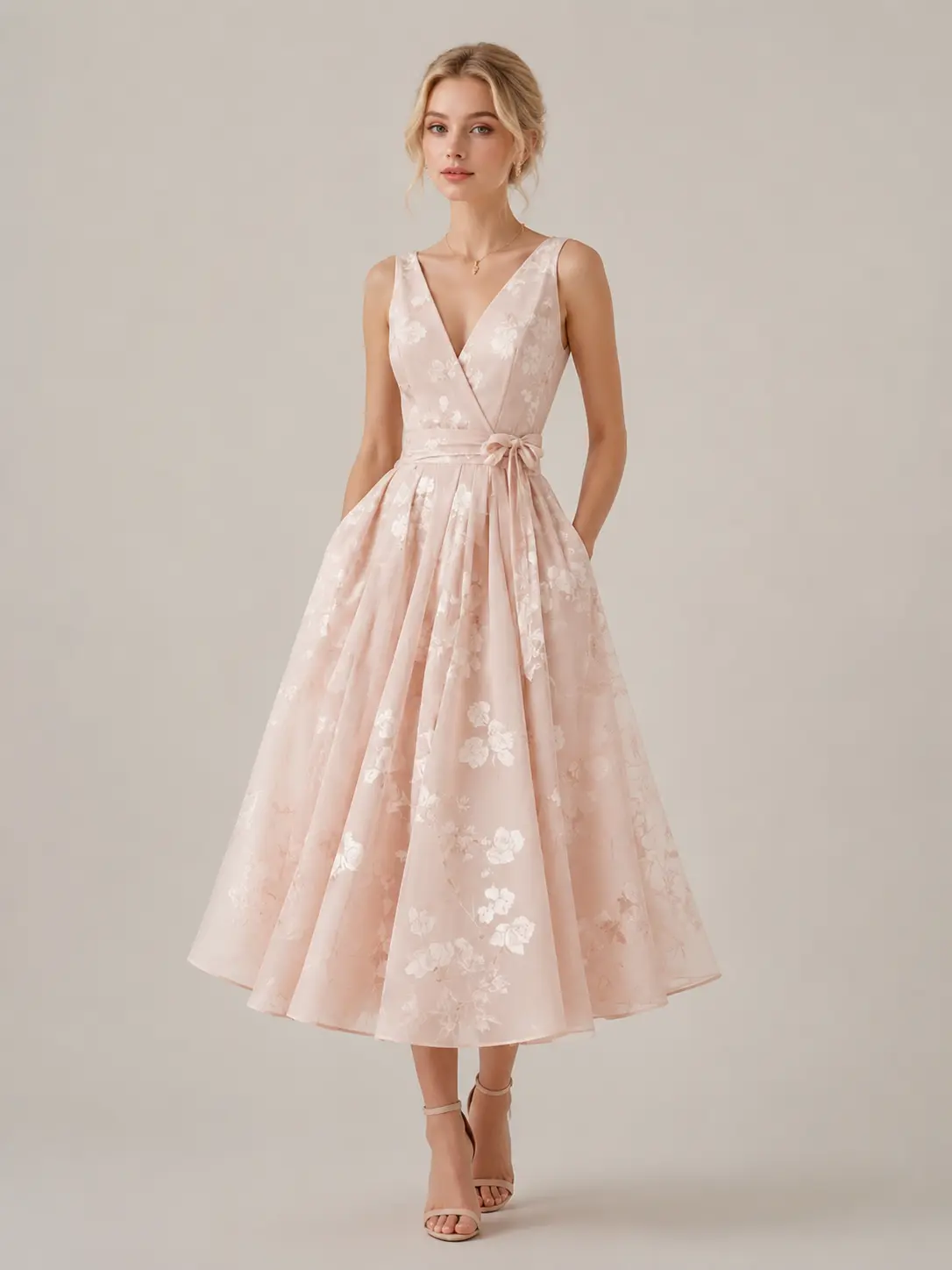 2025 Summer Women Sleeveless V Neck Floral Midi Formal Dress, High Waist A Line Wedding Guest Cocktail Party Gown, Light Pink Sky Blue Navy Purple Yellow Dusty Pink Evening Dress