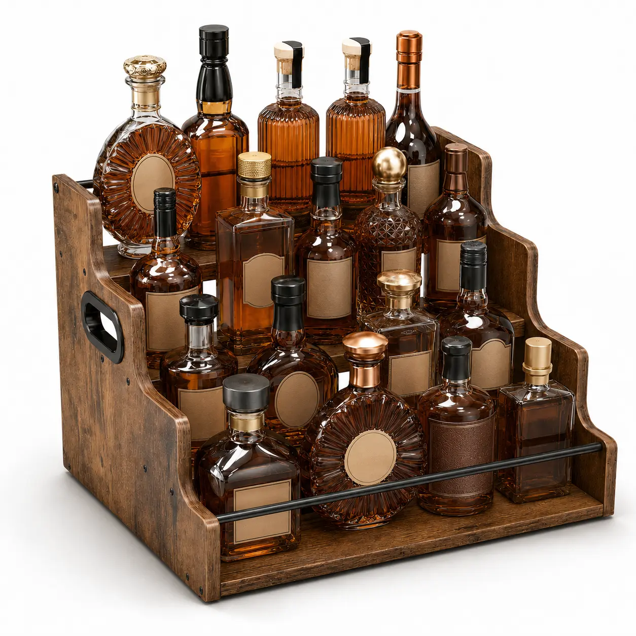 Industrial Multi-Tier Sturdy Wooden Liquor Rack - Freestanding Bottle Storage Organizer with Handle, Desk/Tabletop Home Bar Unit, Game Room/Patio Whiskey Holder, Ideal Birthday Gift