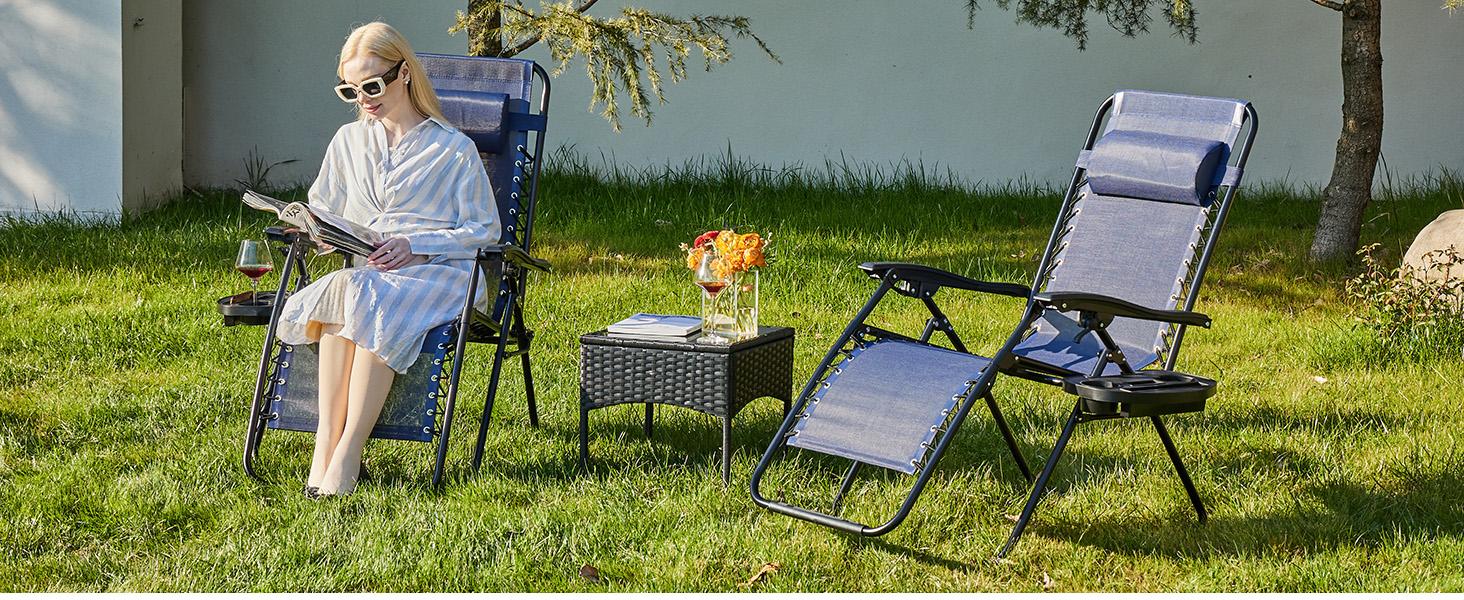 Set of 2 Zero Gravity Chairs with Cup Holder Trays, Camping Patio Outdoor Folding Lounge Chairs with Adjustable Pillow for Poolside