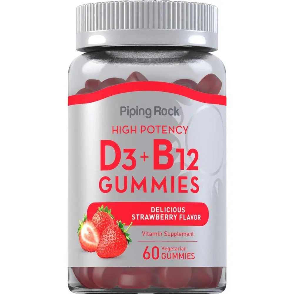 Piping Rock Vitamin D3 + B12 Complex Gummies | High Potency | Strawberry Flavor | For Women & Men | Vegetarian, Non-GMO, Gluten Free Supplement
