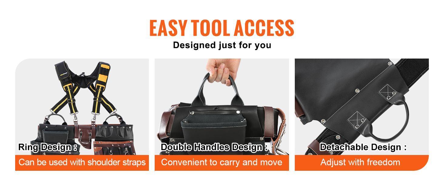 VEVOR Tool Belt, TikTokShopBlackFriday, 31 Pockets, Adjusts 32 Inches to 54 Inches, Leather Heavy Duty Tool Pouch Bag, Detachable Tool Bag for Electrician, Carpenter, Handyman, Woodworker, Construction, Black/Brown
