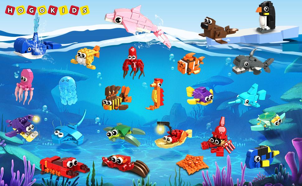 HOGOKIDS 24 Pack Valentines Party Favors for Kids Building Set - 629PCS Mini Marine Animals Blocks Toy for Valentines Day Goodie Bag Stuffers Classroom Prizes Gifts fo Kids Boy Girl Student Ages 6-12