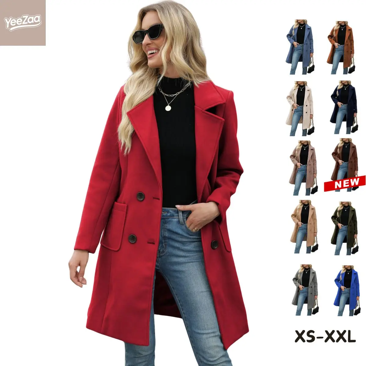 YeeZaa Women's Wool Blended Coat Notch Lapel Mid Long Single Breasted Pea Coat Jacket Outwear 2026 Spring Fall Winter Outfits
