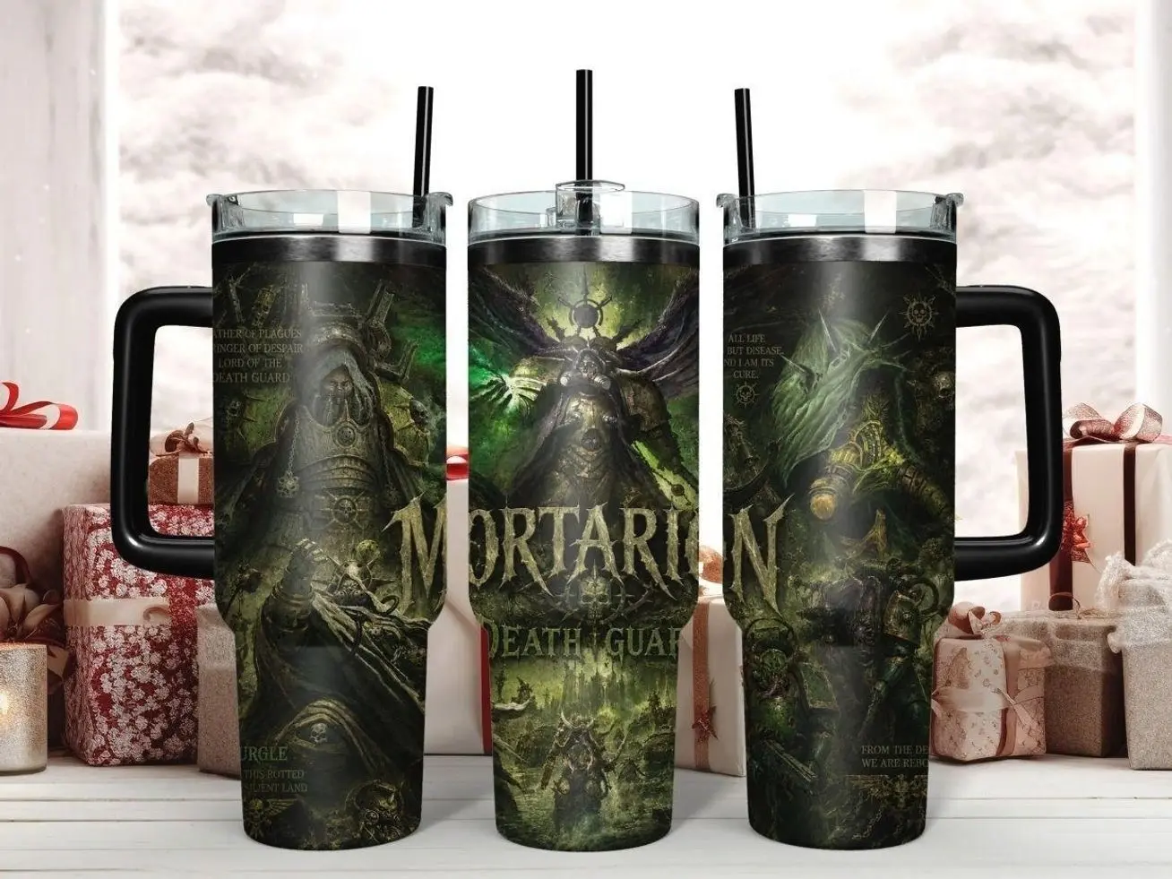 Warhammer 40K Mortarion Primarch of the Death Guard 40oz Insulated Stainless Steel Tumbler - Epic Chaos Space Marine & Daemon Prince Art Travel Mug with Handle & Straw - Perfect Grimdark Gift for Tabletop Gamers