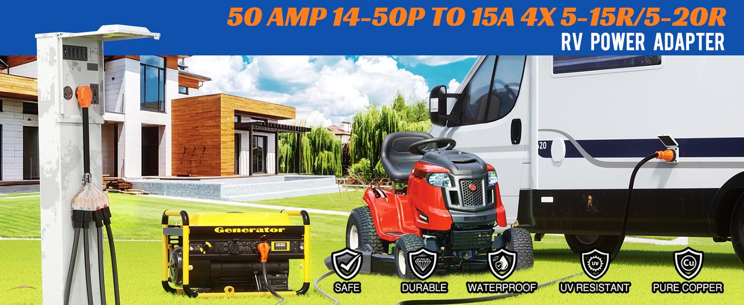 Nilight 50 Amp to 110V RV Adapter Cord 50 Amp to 20A RV Distribution Adapter Cord 4 Prong 14-50P Male to 4X 5-15R/5-20R Female ETL Listed for RV Camper Generator Household Outlet
