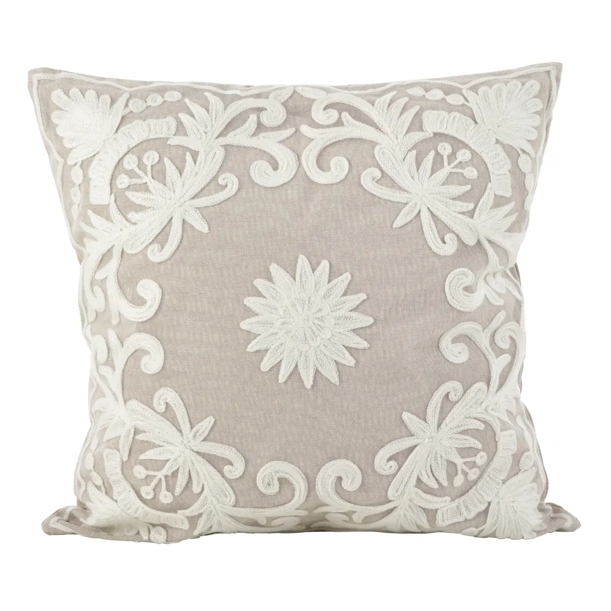 SARO AN01.I18S 18 in. Square Classic Botanical Theme Cotton-Poly Filled Throw Pillow, Ivory with Embroidery Detail for Room Decor, House Decor