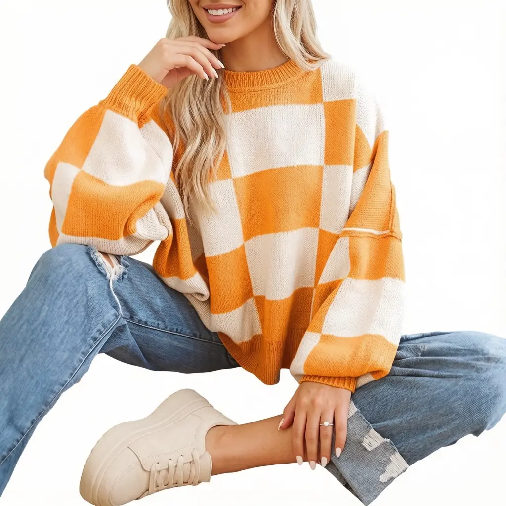 Asvivid Fall Clothes For Women Plaid Checkered Print Sweaters Drop Shoulder Bishop Long Sleeve Sweater Pullover Tops Fashion Winter Outfits sohochic