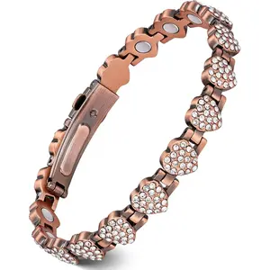 Nandudu Copper Bracelets for Women Heart-Shaped with 3800 Gauss Neodymium Magnets & Dazzling Cubic Zirconia Adjustable Bangle Gift Ready
