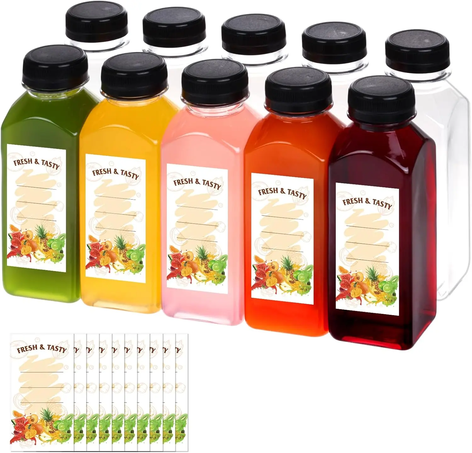10pcs 12oz Empty Plastic Juice Bottles with Caps, Plastic Water Bottles with Lids, Reusable Clear Bulk Beverage Containers for Juice, Milk and Other Beverages
