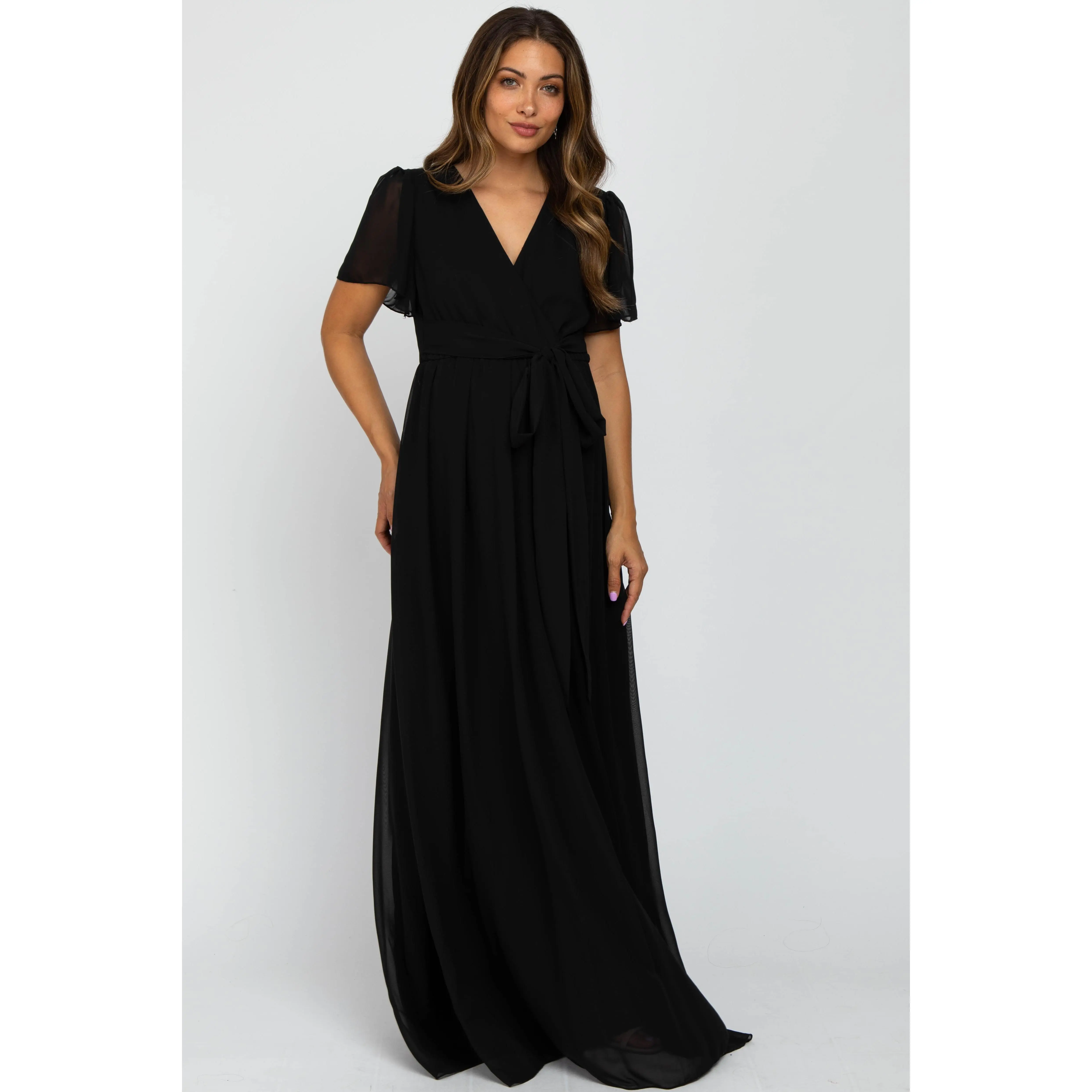 Women's Black Chiffon Short-Sleeve A-Line Loose-Fitting Large Maternity Maxi Dress - Below-the-Ankle, Below the Knee Maternity Wear, Pregnancy Clothes