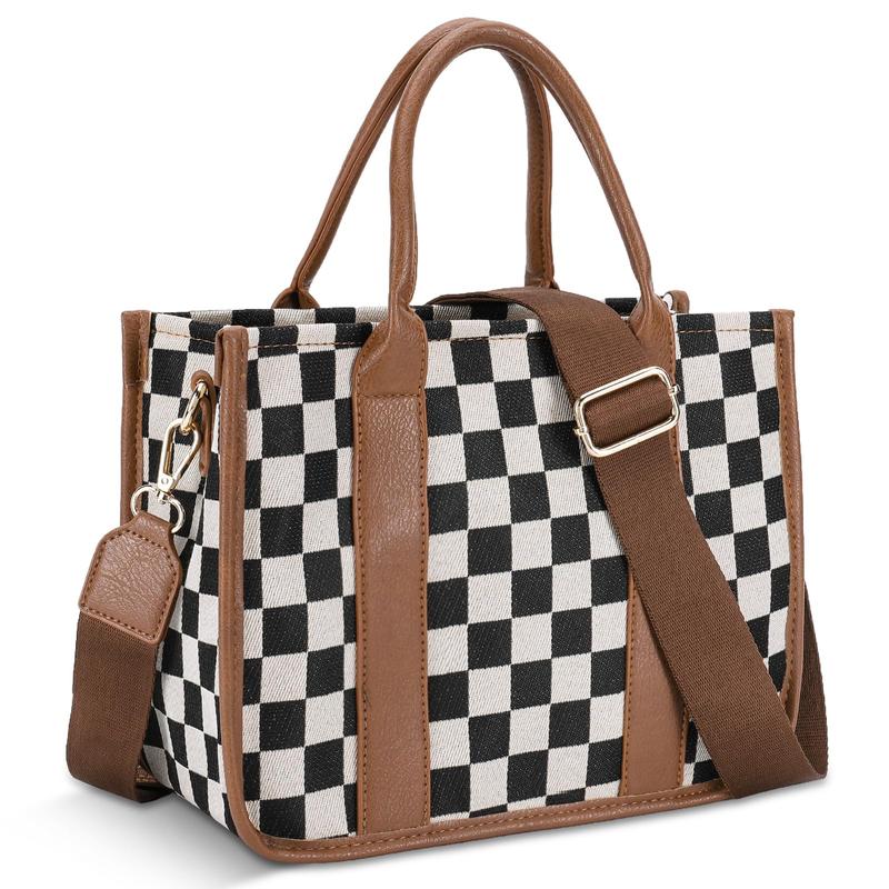 Checkered Crossbody Bag, Canvas Work Tote, Black and White Purse, Casual Tote Handbags for Work & Travel