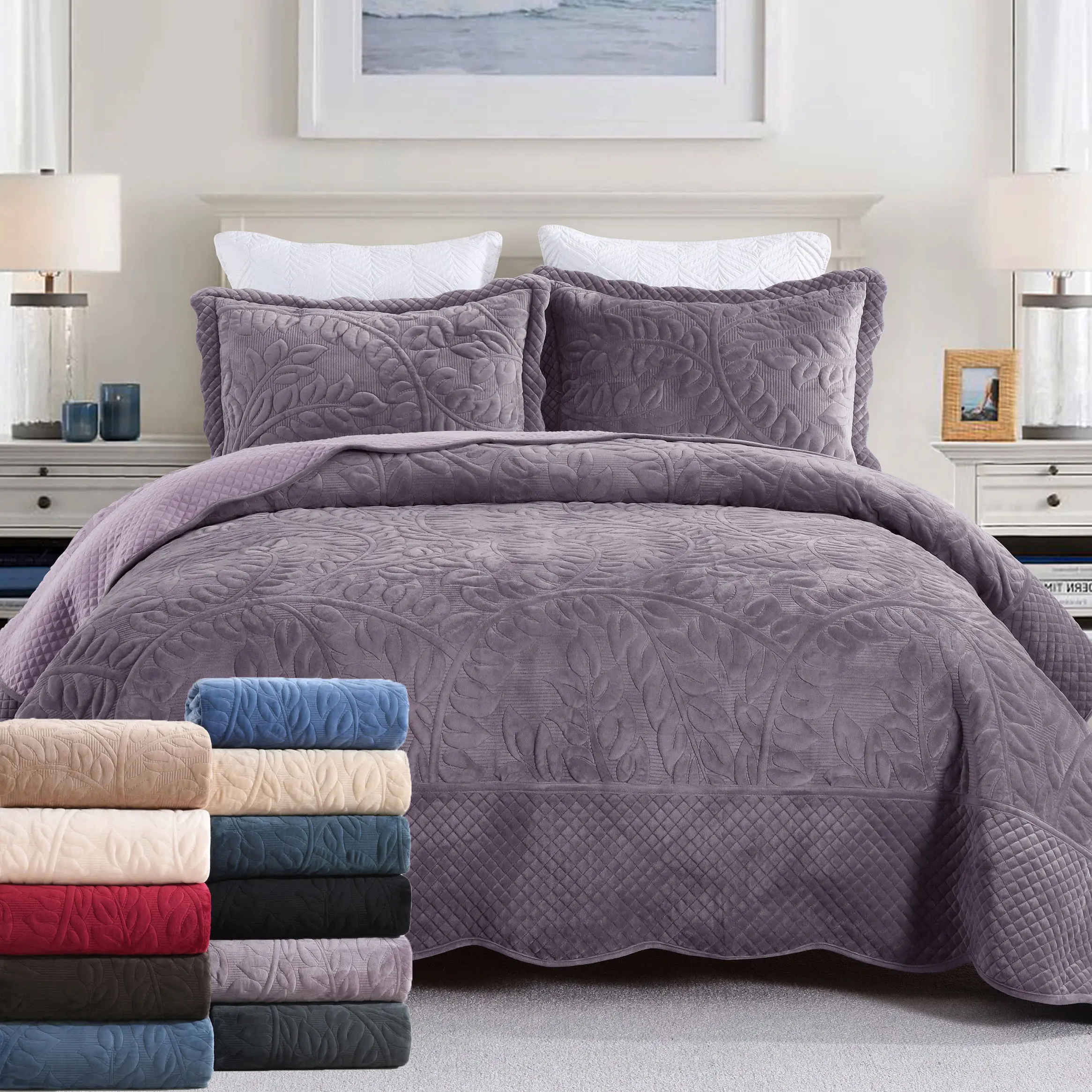 Luxury Velvet 3-PCS Embroidered Quilt Set - Decorative Complete Bedding Collection, Soft Flannel Faux Fur Bedspread for Winter, King/Queen Sizes, Decorative Bedding Set, Complete Bedding Sets