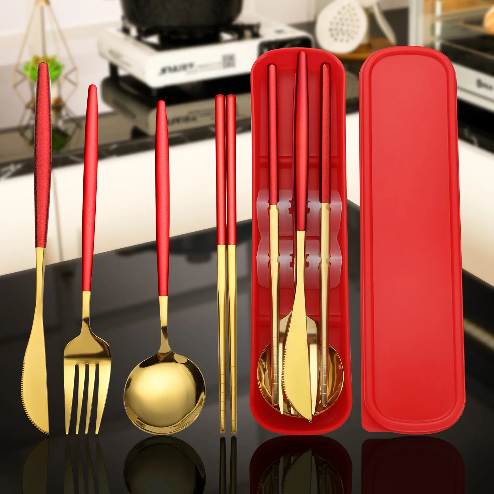 Stainless Steel Food Grade Adult Cutlery Set, 4-Piece Reusable Everyday Dinner Set with Fork, Knife, Spoon, Chopsticks & Silent Storage Box, Ideal for Travel, Outdoor Use