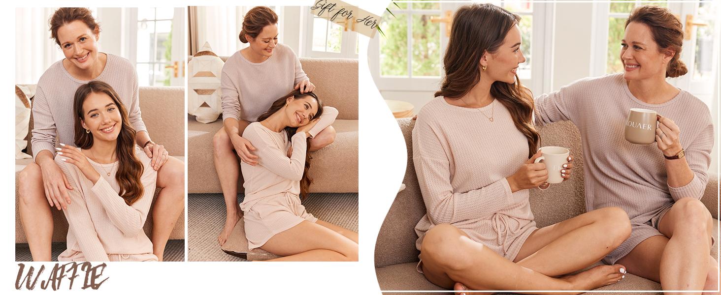 EKOUAER Womens Waffle Knit  Sets Long Sleeve Top and Shorts Matching Lounge Set Loungewear Sweatsuit with Pockets