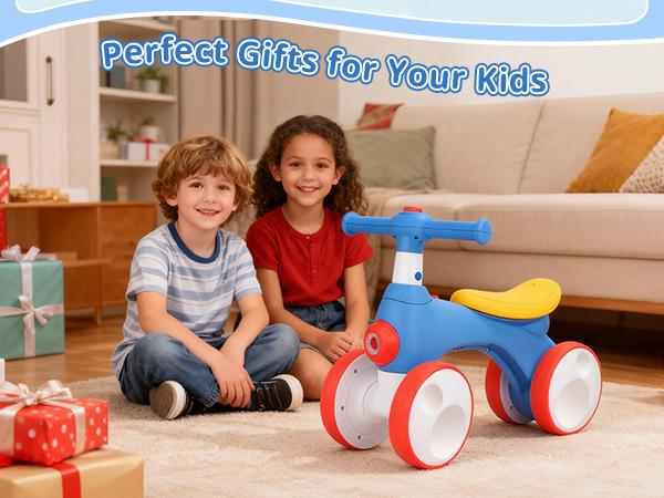 Electric Balance Bike Toys for Kids Toy, Indoor Outdoor Non-Pedal Walker Toys for Child, Balance Bike with Bubble Function, 4 Wheels Bicycle with Music and Light, First Riding on Toys with whistle Best First Birthday Gift Children Walker